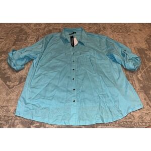 New CATHY Blue Button Down Top 3/4 Roll Tab Sleeve Shirt WOMENS Plus Sz 2XL